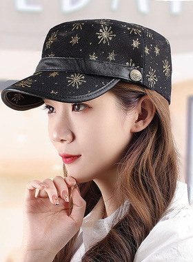 新款夏季平顶帽薄款单层鸭舌帽扎马尾帽休闲帽烫金喷胶太阳帽青年