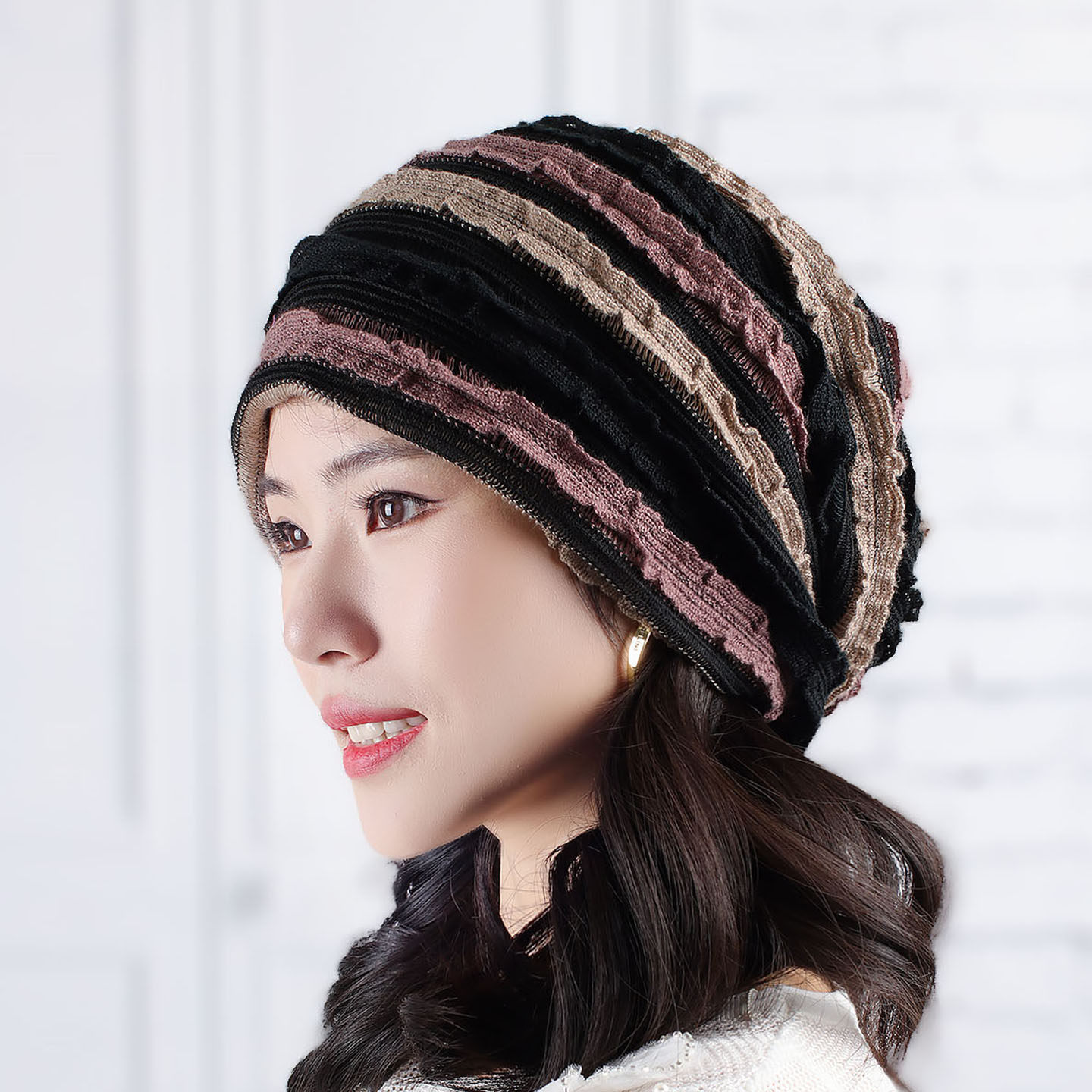 新款2025网纱包头白发帽子百搭条纹透气优雅洋气休闲头巾时尚女帽