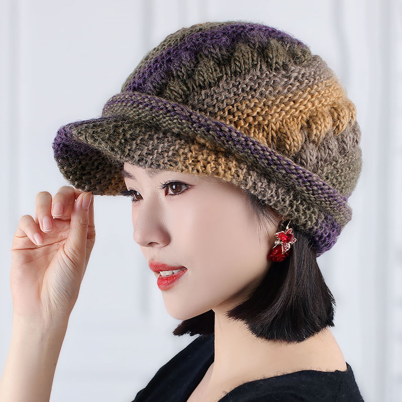 手工加厚冬季冬天新款加绒毛线帽羊毛针织保暖护耳鸭舌帽妈妈帽子