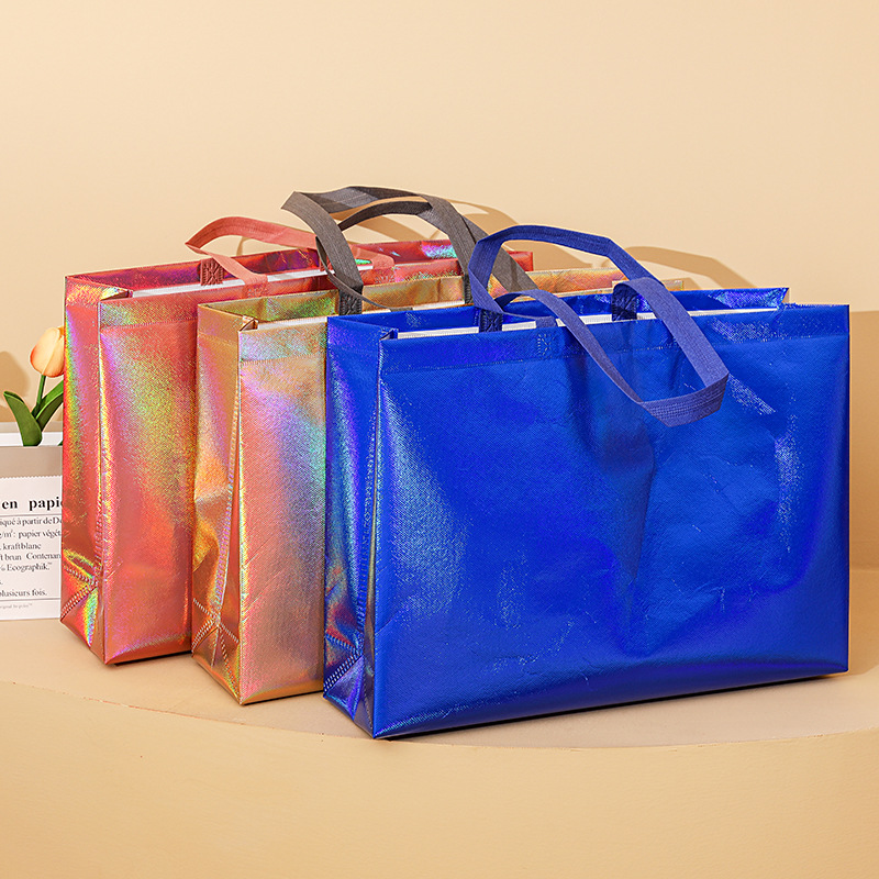 镭射炫彩色覆膜无纺布袋纯色手提袋加印logo女装服装店购物包装袋