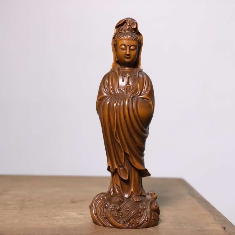 A小叶黄杨木雕 心诚则灵观音造像黄财神双喜临门笔挂早期销往台湾