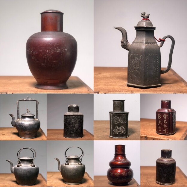 潮汕功夫茶文化老锡器葫芦茶叶罐大茶壶茶池旧社会合作社铁皮茶罐