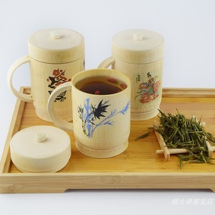 全竹制文化实用创意礼品红梅仙鹤印花贴纸带盖水杯茶杯手提杯包邮