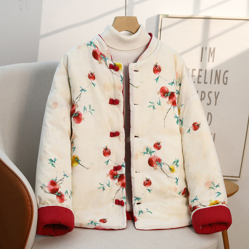 印花立领加厚棉衣女显瘦棉服外套