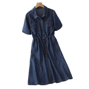 大码牛仔连衣裙女夏季新款法式气质小个子高腰显瘦薄款短袖衬衫裙