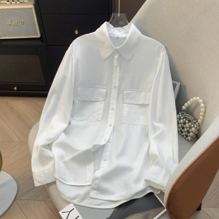 叠穿中长衬衣 垂顺双口袋天丝软糯纯色显瘦长袖 白色衬衫 女春夏新款