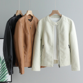 显瘦圆领修身 新款 立领机车黑色PU皮夹克 春秋季 时髦皮衣外套女短款