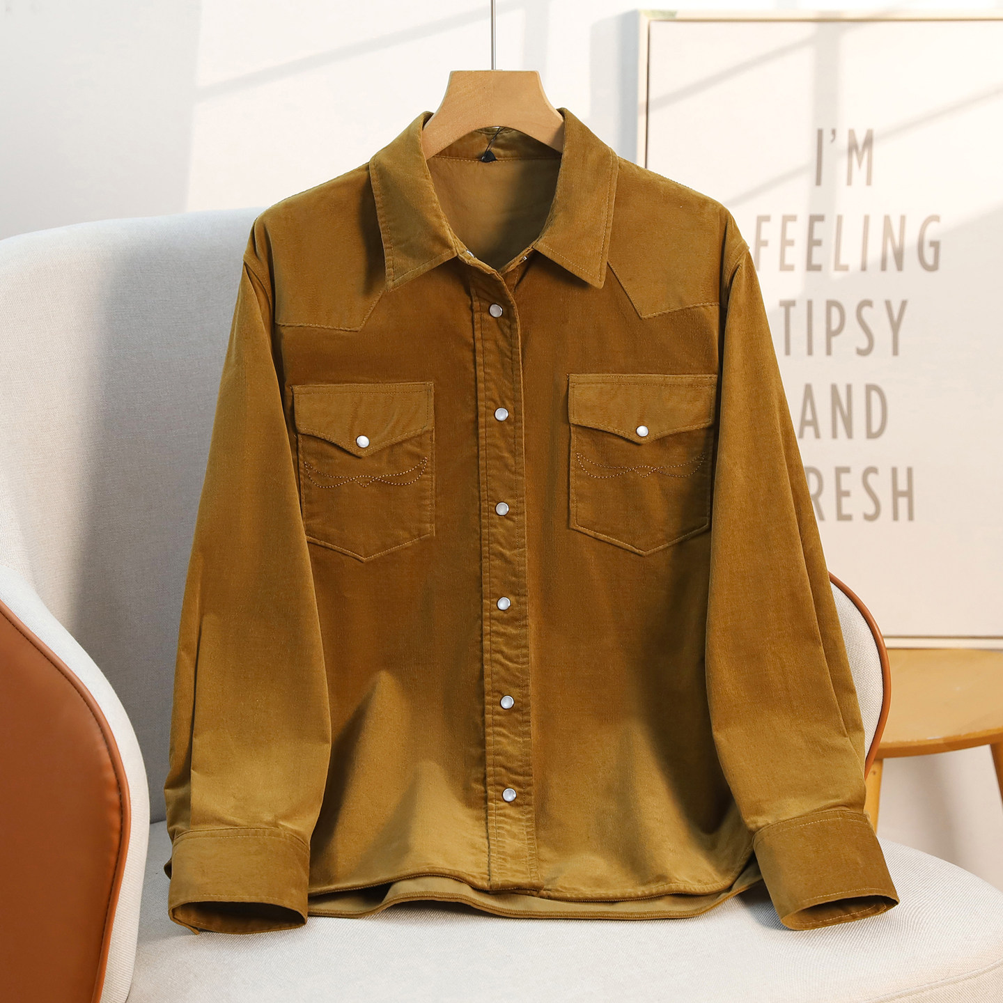 春季新款精梳棉灯芯绒长袖衬衫女翻领绣花叠穿磨毛双口袋微弹衬衣,女装/女士精品,衬衫,淘宝优惠券,粉丝福利购,淘宝优惠卷