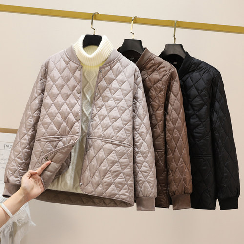 羽绒棉短通勤直筒棉衣女显瘦菱格