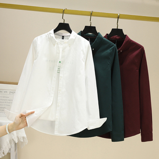 女尖领墨绿色气质通勤百搭基础打底衫 纯棉牛津纺衬衫 衬衣 新款 春季