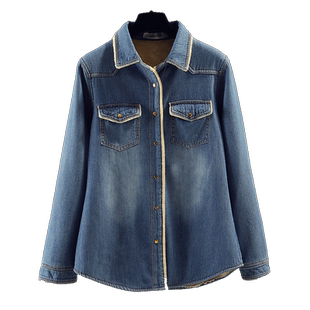 欧美秋冬修身显瘦保暖加绒牛仔衬衫女长袖休闲打底衬衣加厚外套潮