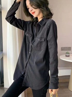 黑色牛仔衬衫女春秋季欧洲站显瘦新款欧货小衫女设计感叠穿衬衣女