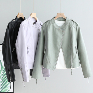 欧洲站皮夹克 短款 米白色小皮衣女显瘦流行pu皮衣外套春秋新款 修身