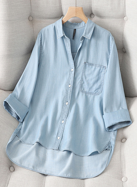 浅蓝色天丝牛仔衬衫女薄款夏季前短后长叠穿软牛仔休闲防晒衣上衣