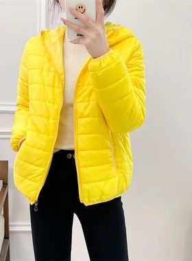 轻薄小棉袄女短款2025秋冬季新款大码连帽羽绒棉服黄色舒适外套女