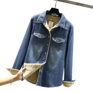 秋冬季修身保暖加绒牛仔衬衫女长袖百搭一体绒加厚打底衫显瘦上衣