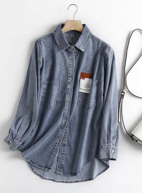 水洗棉牛仔衬衫女烟灰色翻领秋季新款宽松叠穿长袖薄衬衫开衫外套
