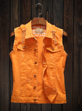 潮牌男士春夏秋牛仔马甲修身潮流桔色橘色橙色休闲马夹坎肩上衣