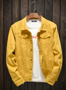 潮牌男士春秋款韩版牛仔夹克男修身长袖休闲外套黄色水洗简约上衣