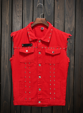 男士春夏秋款牛仔马甲大红色铆钉潮牌酷休闲马夹韩版青年坎肩背心