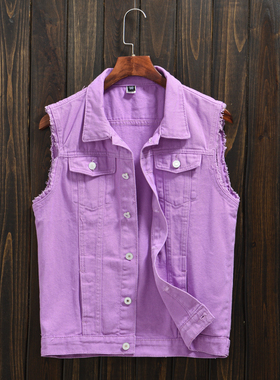 潮牌男士春夏秋牛仔马甲修身潮流青年紫色ins风休闲马夹坎肩上衣