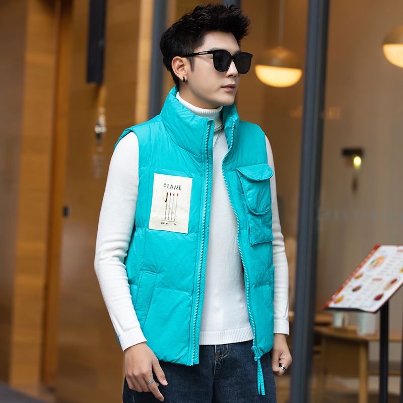 个性羽绒马甲兰色多口袋马甲