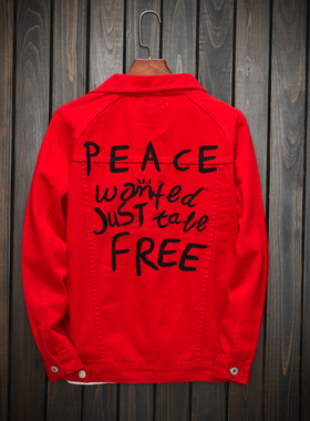 男士春秋大红色牛仔外套情侣装休闲夹克落肩港风绣花潮牌男酷上衣