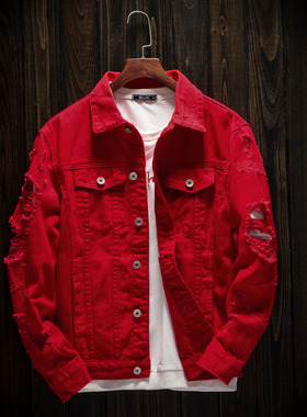 男春秋大红色牛仔外套落肩港风宽松休闲粉色紫色多色夹克潮牌上衣