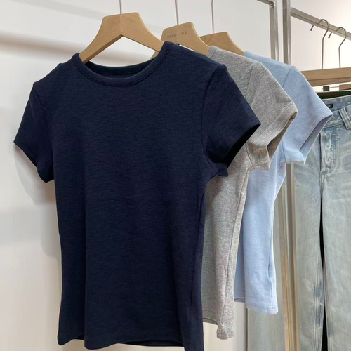 修身显瘦圆领上衣运动短袖正肩T恤女2026年新款内搭