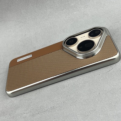 适用华为Pura 80 Pro手机壳高级感电镀商务棕拼接皮纹mate70保护套男女Mate 60 PROP80UItra半包70pro硬P70