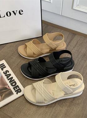 合利鲨新款时尚拼色凉鞋夏季女士厚底交叉带沙滩女鞋休闲外穿凉鞋