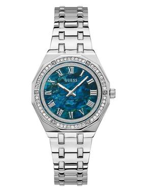 代购GUESS手表女士日期显示夜光指针防刮玻璃精钢表壳石英蓝色表