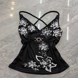交叉上衣潮 vintage古着穿搭辣妹修身 美式 黑色印花吊带背心女夏季