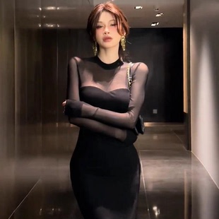 设计感收腰包臀长裙ins 网纱连衣裙2025春夏新款 黑色辣妹修身 长袖