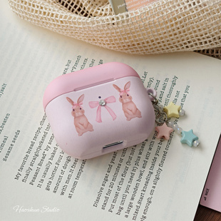 蝴蝶结兔子适用于Airpods1/2保护套AirPods4硬磨砂菲林耳机套aipodspro3小众创意AirPodspro2/airpods3耳机壳