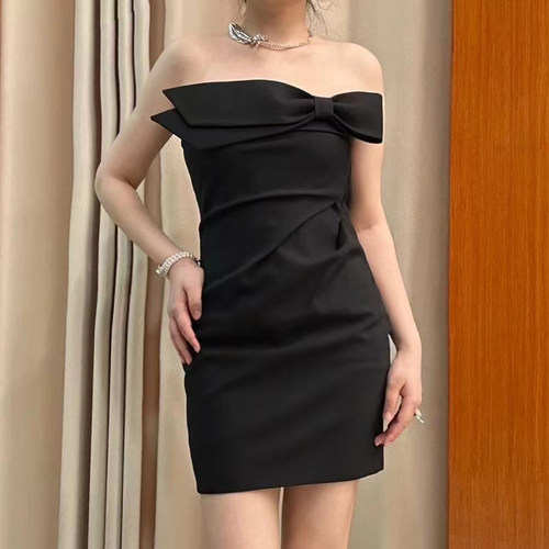 时尚优雅鱼骨收腰褶皱礼服连衣裙