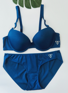 外贸蓝色时尚性感欧美复古色光面聚拢上托带钢圈文胸套装纯棉内衬