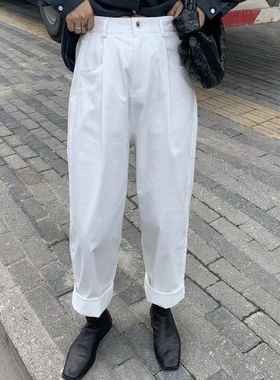 WUZHI高品质显瘦后松紧腰萝卜裤百搭白色西装牛仔裤老爹裤潮77014