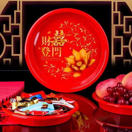 闽粤供奉潮汕拜老爷加厚加深财喜登门喜庆红色盘敬茶盘平底托盘