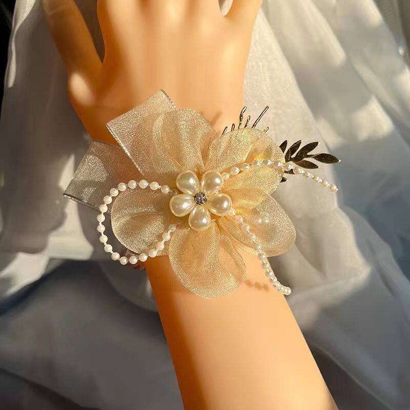 婚礼伴娘手腕花香槟色唯美粉色结婚新娘姐妹团手绑花儿童活动手花
