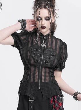 Devil Fashion恶魔时尚女装哥特朋克透肤格子衬衣SHT129