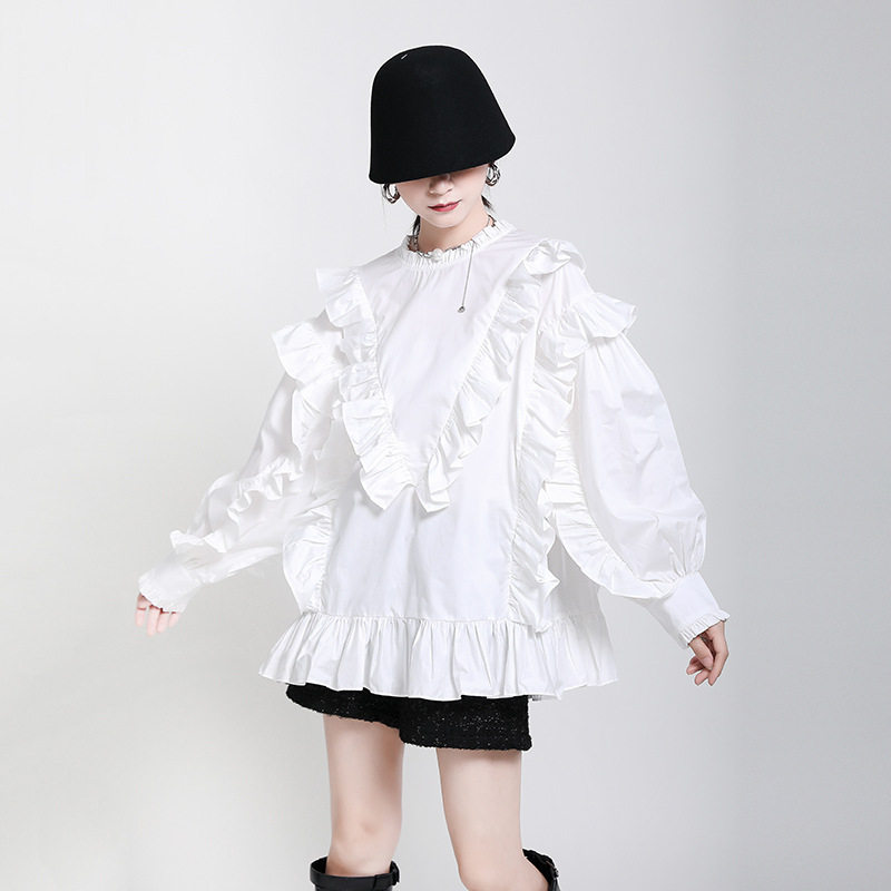 2021春季暗黑少女风木耳边灯笼袖上衣 宽松重工衬衫女设计感小众