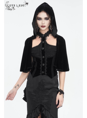 EVA LADY恶魔时尚女装哥特朋克暗黑修身黑色蕾丝连帽上衣ETT03401