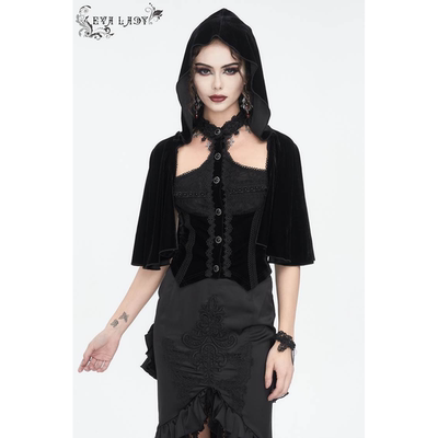 EVA LADY恶魔时尚女装哥特朋克暗黑修身黑色蕾丝连帽上衣ETT03401