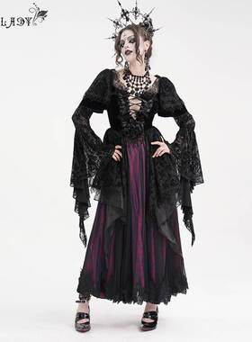 Devil Fashion恶魔时尚女装哥特V领长袖提花网料连衣裙ESKT05202