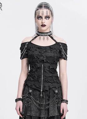 Devil Fashion恶魔时尚女装哥特破烂针织挂脖露肩朋克T恤TT291