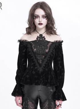 Devil Fashion恶魔时尚女装哥特挂脖玫瑰花烧花丝绒T恤TT288