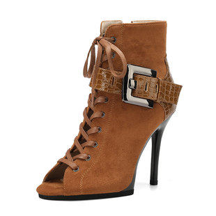 鱼嘴凉靴女夏系带网靴镂空短靴爵士舞高跟鞋专业跳舞鞋凉鞋大码