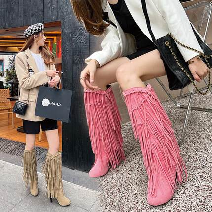 西部牛仔靴2022秋冬新款粉色细跟高跟外贸大码圆头高筒大码流苏靴