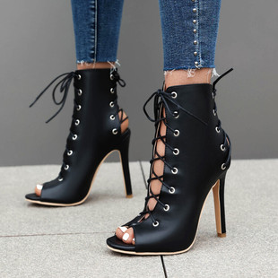 新款爵士舞白色高跟鞋性感系带鱼嘴凉鞋舞蹈鞋凉靴镂空绑带